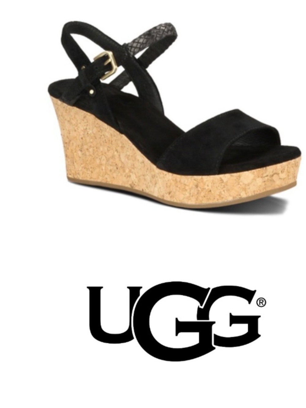 UGG Black Suede Cork Wedge Sandals with Ankle Strap